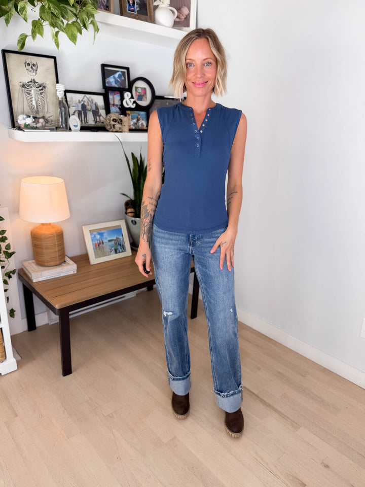 Mono B Emmer Micro Ribbed Henley- OCEAN
