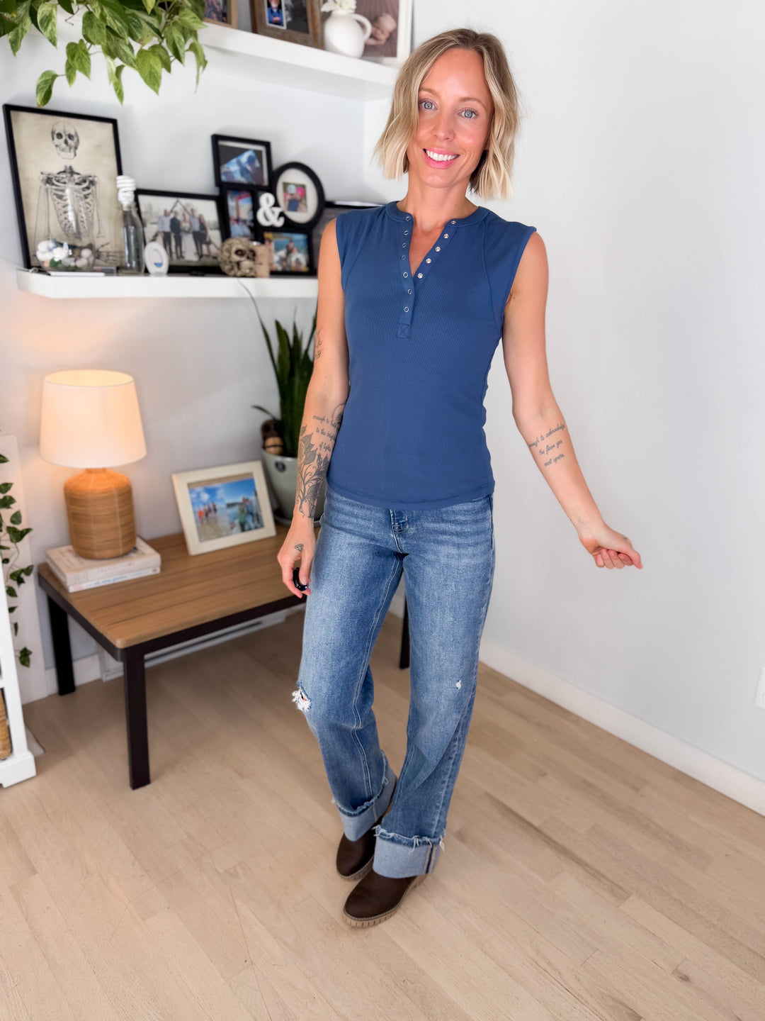 Mono B Emmer Micro Ribbed Henley- OCEAN