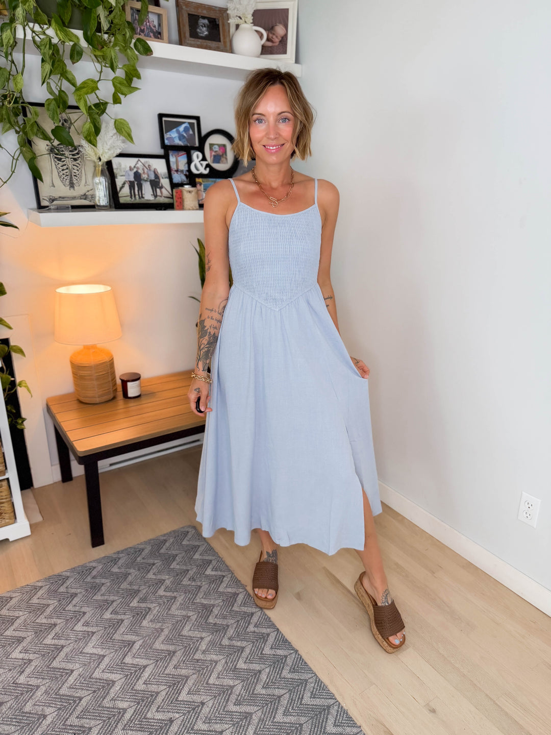 Zona Smocked Midi Dress- LIGHT BLUE