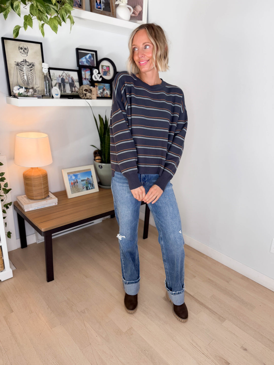 Illa Boxy Cut Striped Drop Shoulder Sweater- SLATE