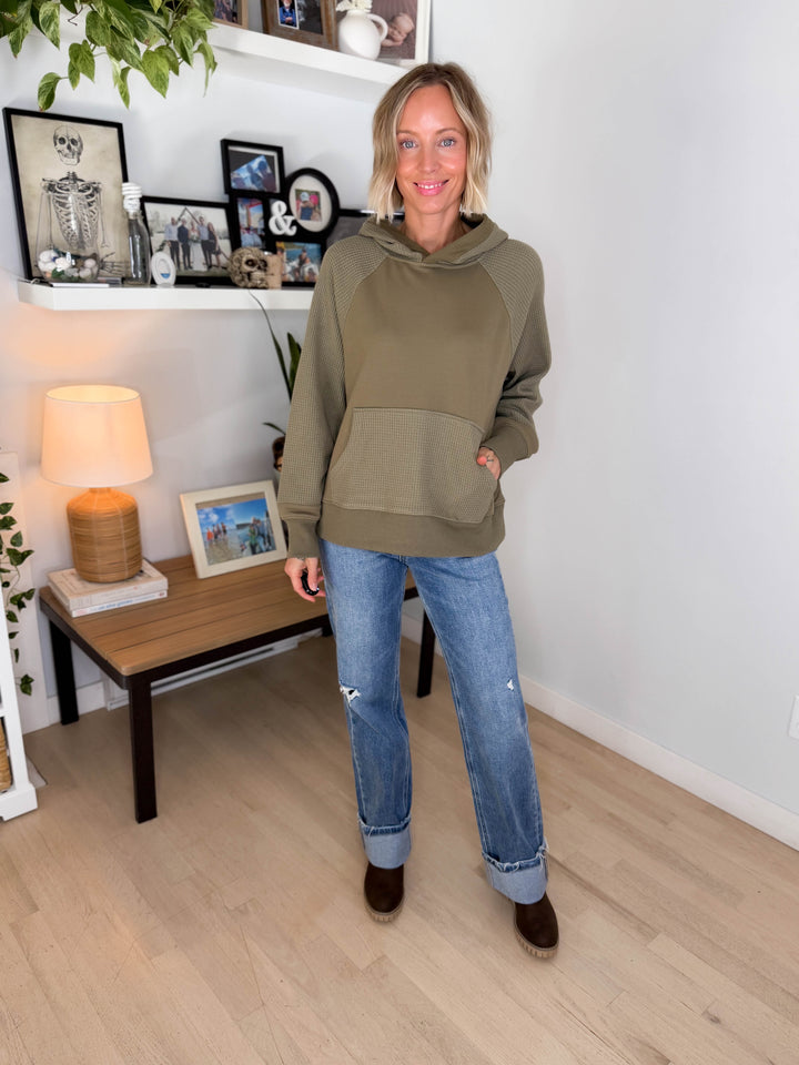 Sonoma Round Neck Waffle Knit Long Sleeve Hoodie- ARMY
