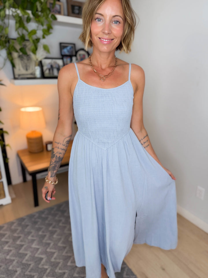 Zona Smocked Midi Dress- LIGHT BLUE