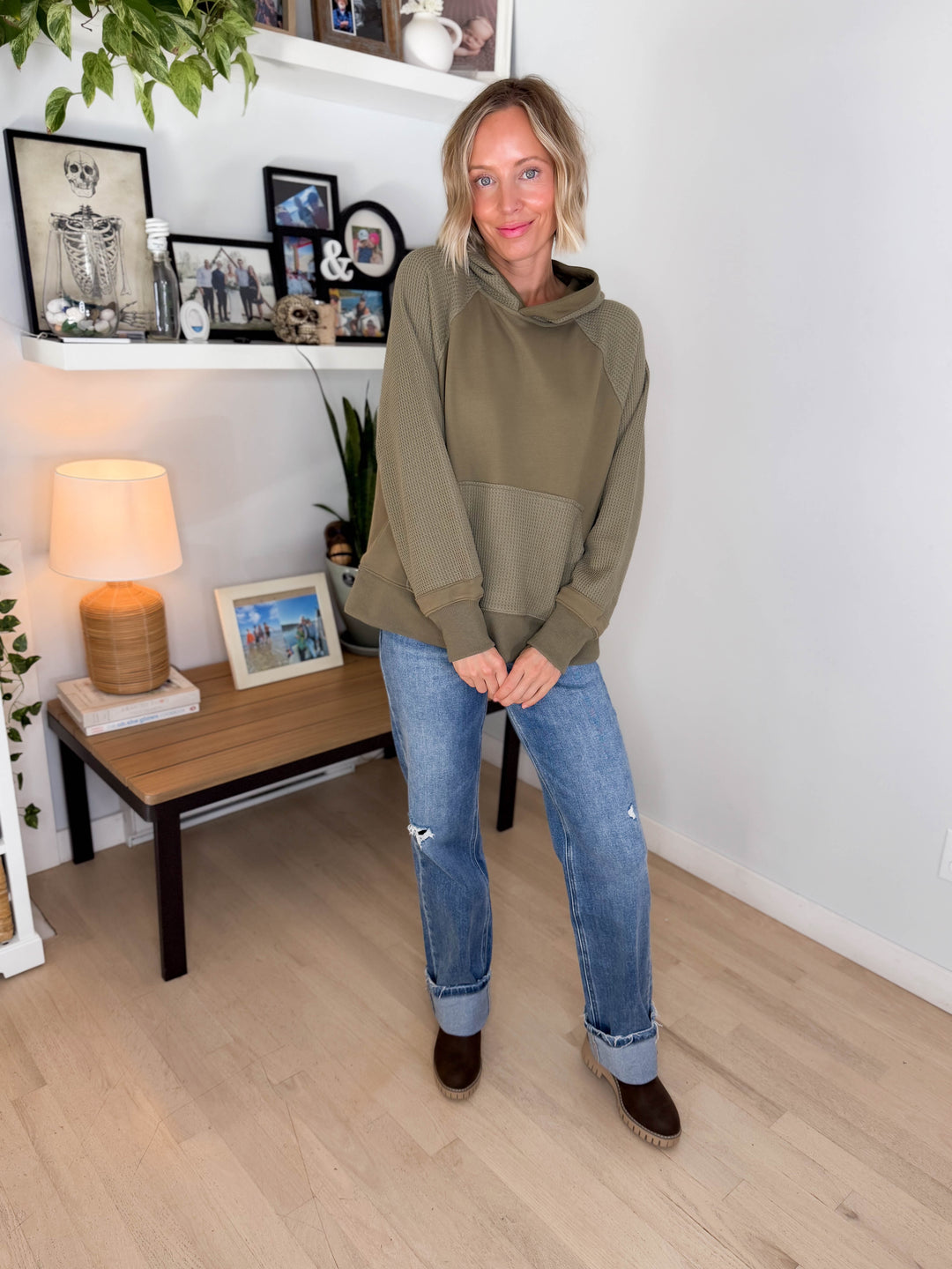 Sonoma Round Neck Waffle Knit Long Sleeve Hoodie- ARMY