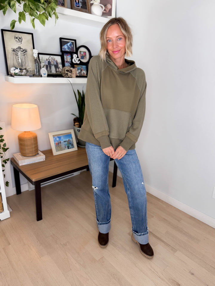 Sonoma Round Neck Waffle Knit Long Sleeve Hoodie- ARMY