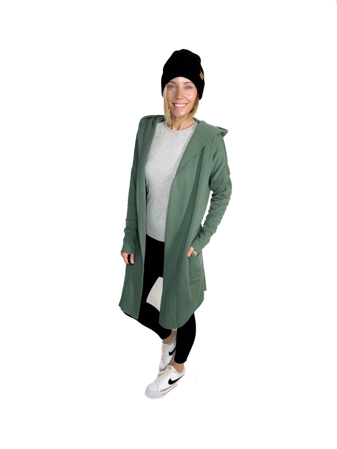 MONO B Whistler Longline Hoodie Cardigan- ELDERGREEN
