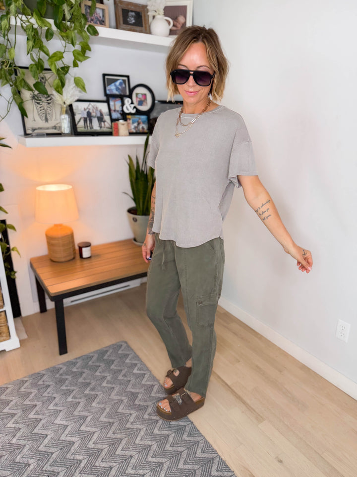 Wild Sage Drop Shoulder Ribbed Tee- GREY BROWN