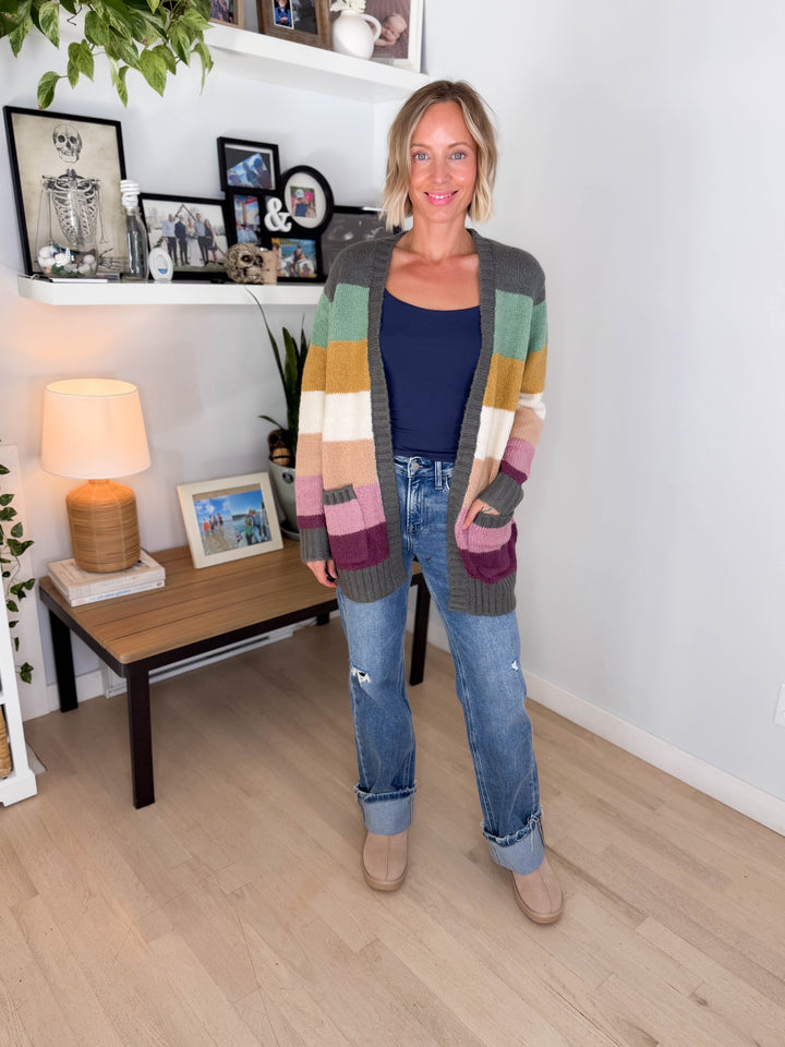 Ravina Multi Colour Blocked Pocket Cardigan- FOREST/MUSTARD