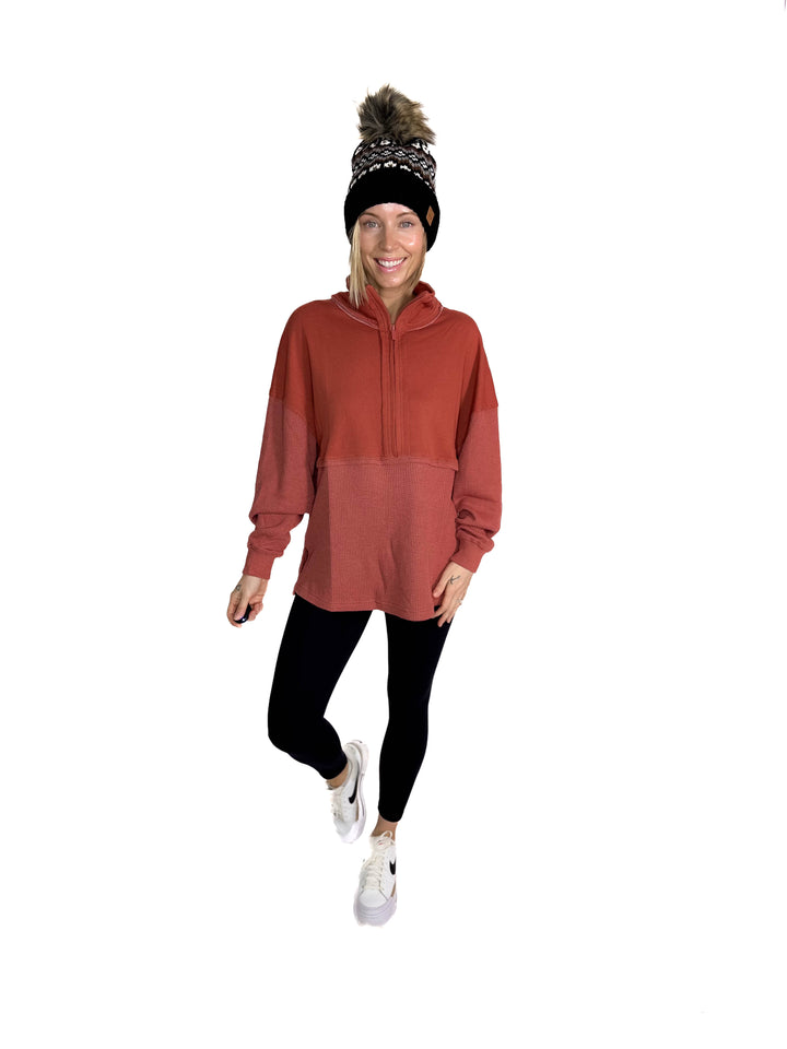 Arwen Waffle 1/4 Zip Pullover- RUST