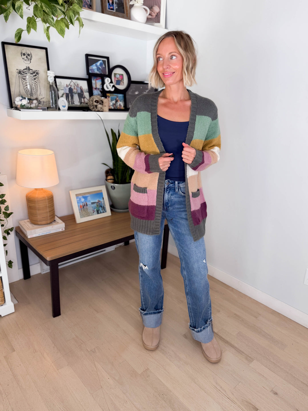 Ravina Multi Colour Blocked Pocket Cardigan- FOREST/MUSTARD