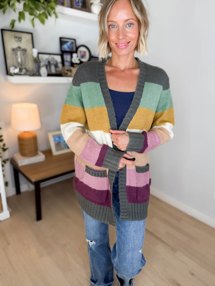 Ravina Multi Colour Blocked Pocket Cardigan- FOREST/MUSTARD