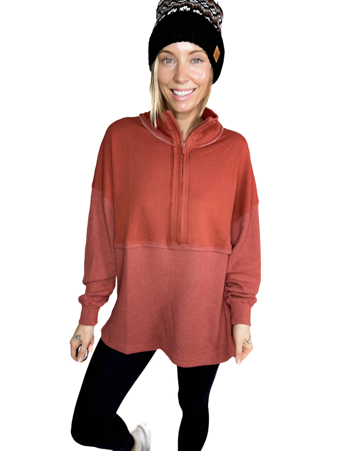 Arwen Waffle 1/4 Zip Pullover- RUST