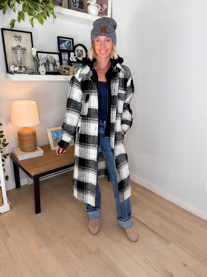 Glinda Twofer Hoodie Plaid Jacket- IVORY/BLACK