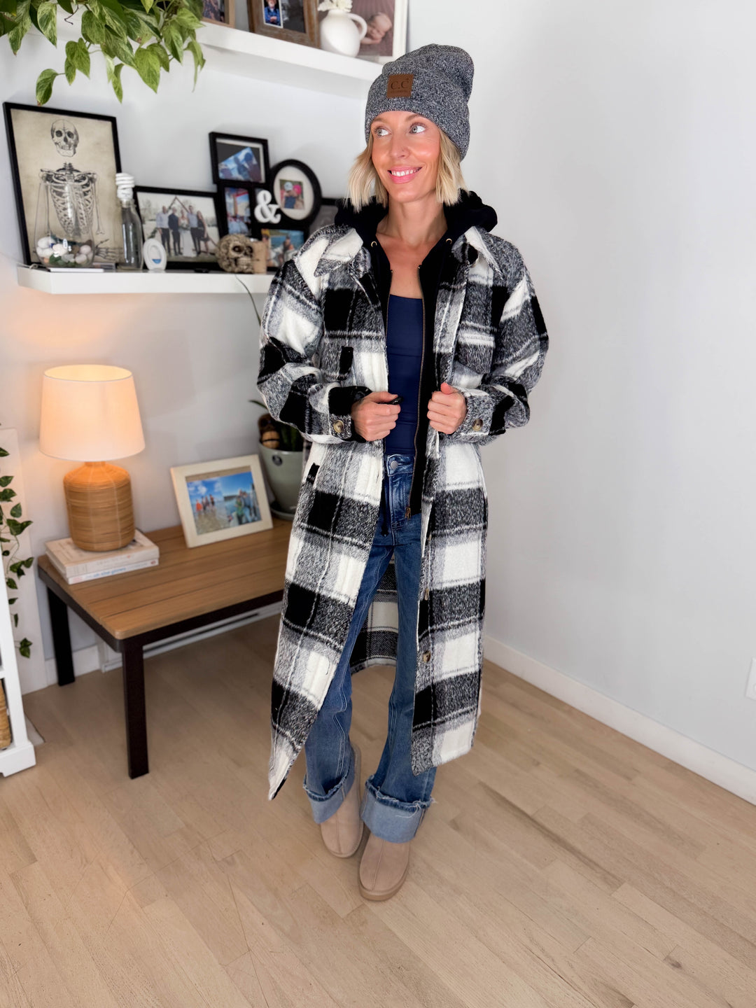 Glinda Twofer Hoodie Plaid Jacket- IVORY/BLACK