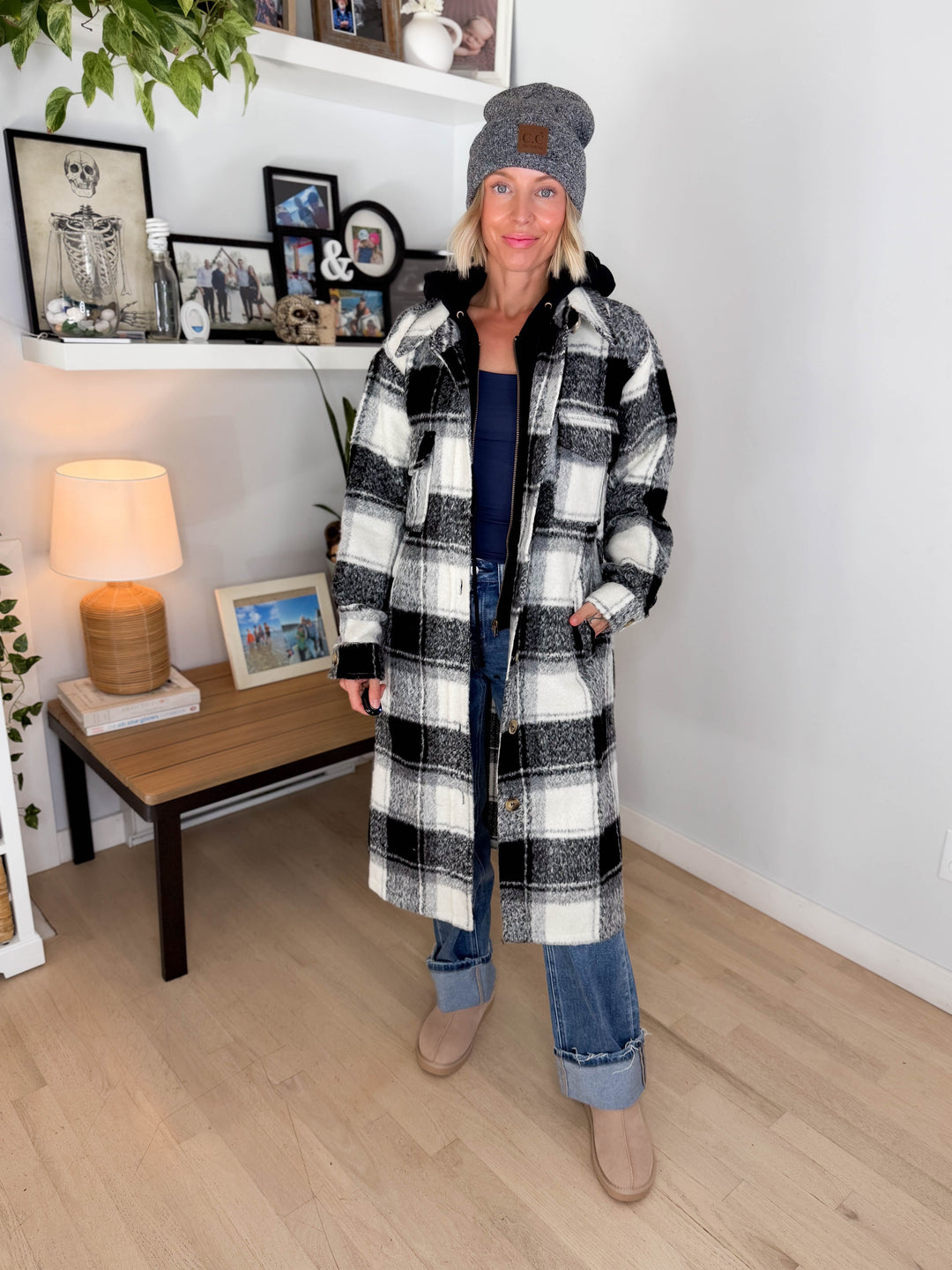 Glinda Twofer Hoodie Plaid Jacket- IVORY/BLACK