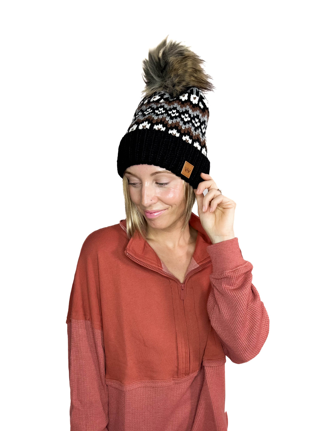 Classic Cable Knit Pom Beanie- BLACK MULTI