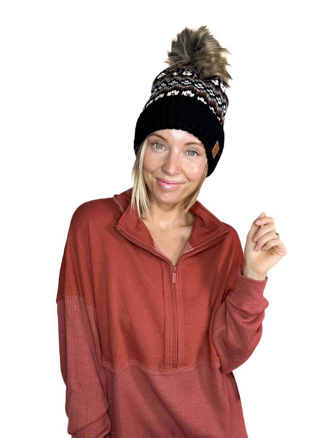 Classic Cable Knit Pom Beanie- BLACK MULTI