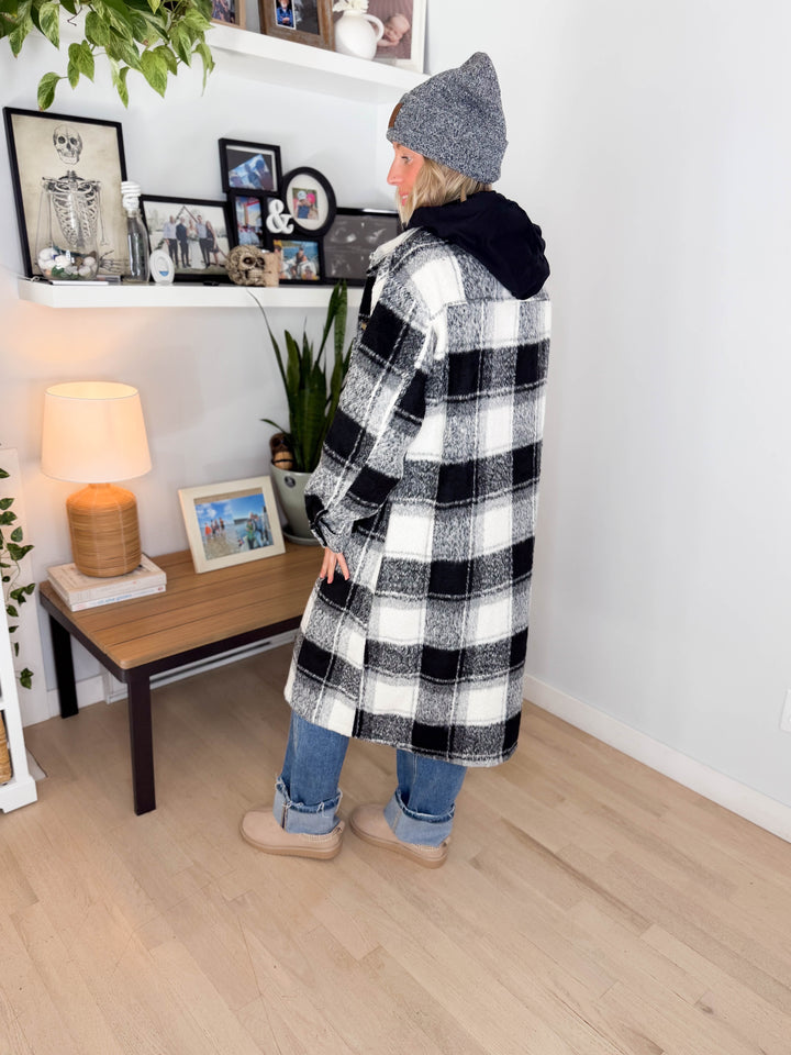 Glinda Twofer Hoodie Plaid Jacket- IVORY/BLACK