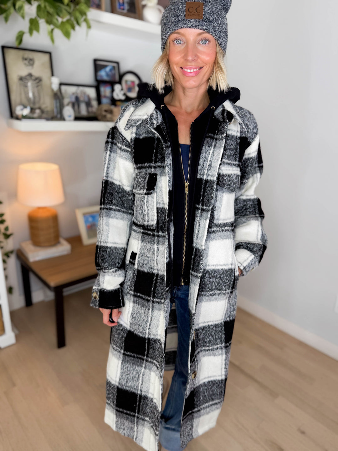 Glinda Twofer Hoodie Plaid Jacket- IVORY/BLACK