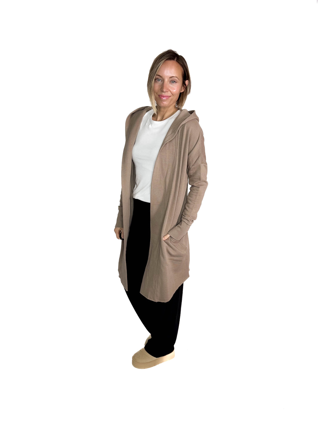MONO B Whistler Longline Hoodie Cardigan- CREAMY TAUPE