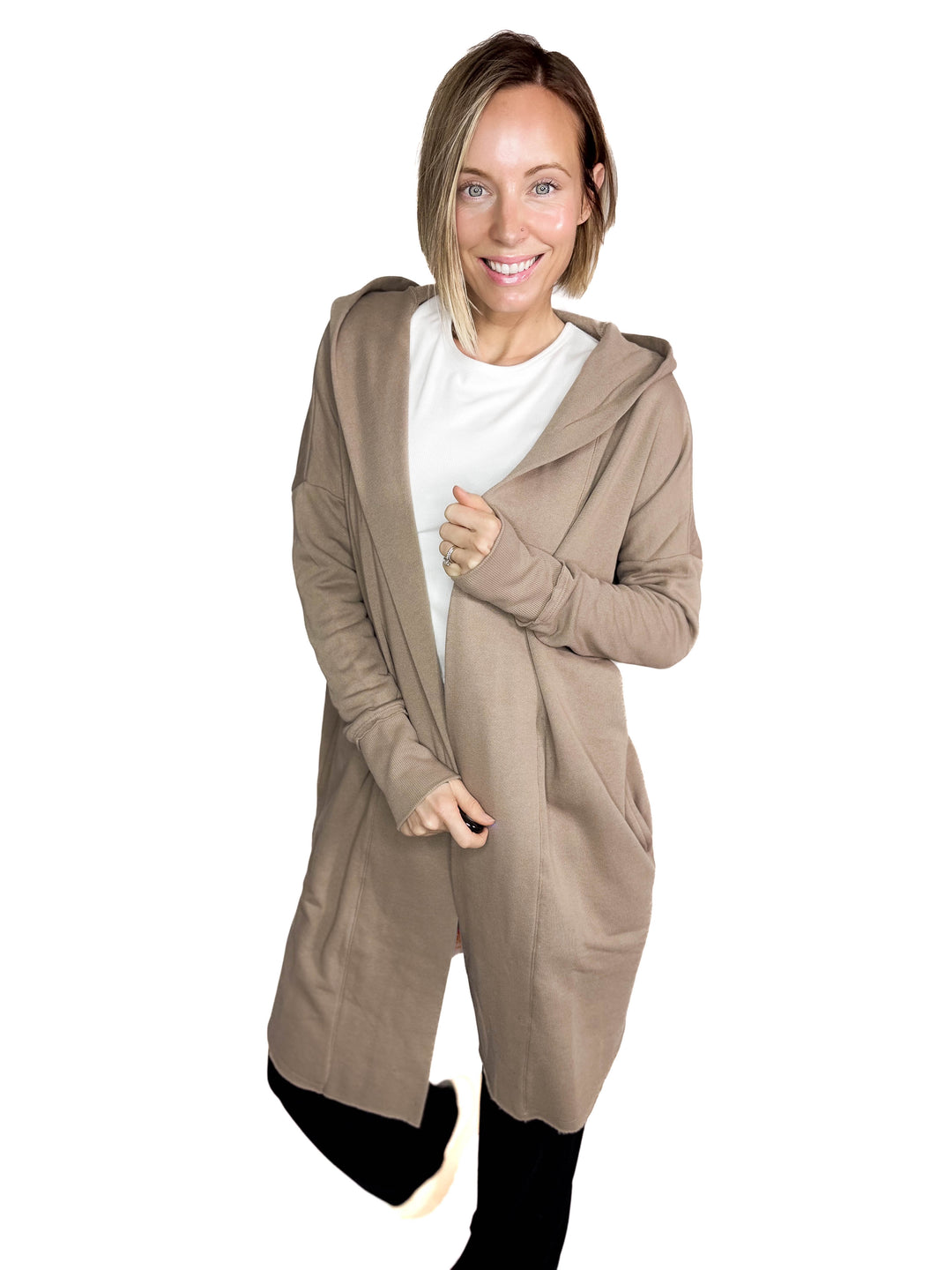 MONO B Whistler Longline Hoodie Cardigan- CREAMY TAUPE