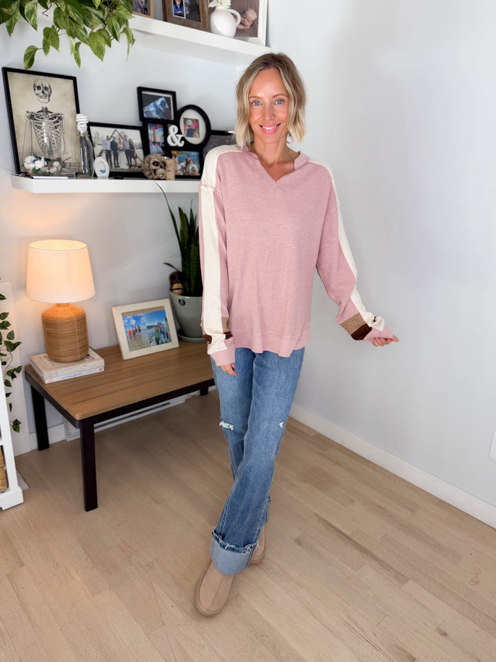 Elara Oversized Waffle Long Sleeve Pullover- BLUSH