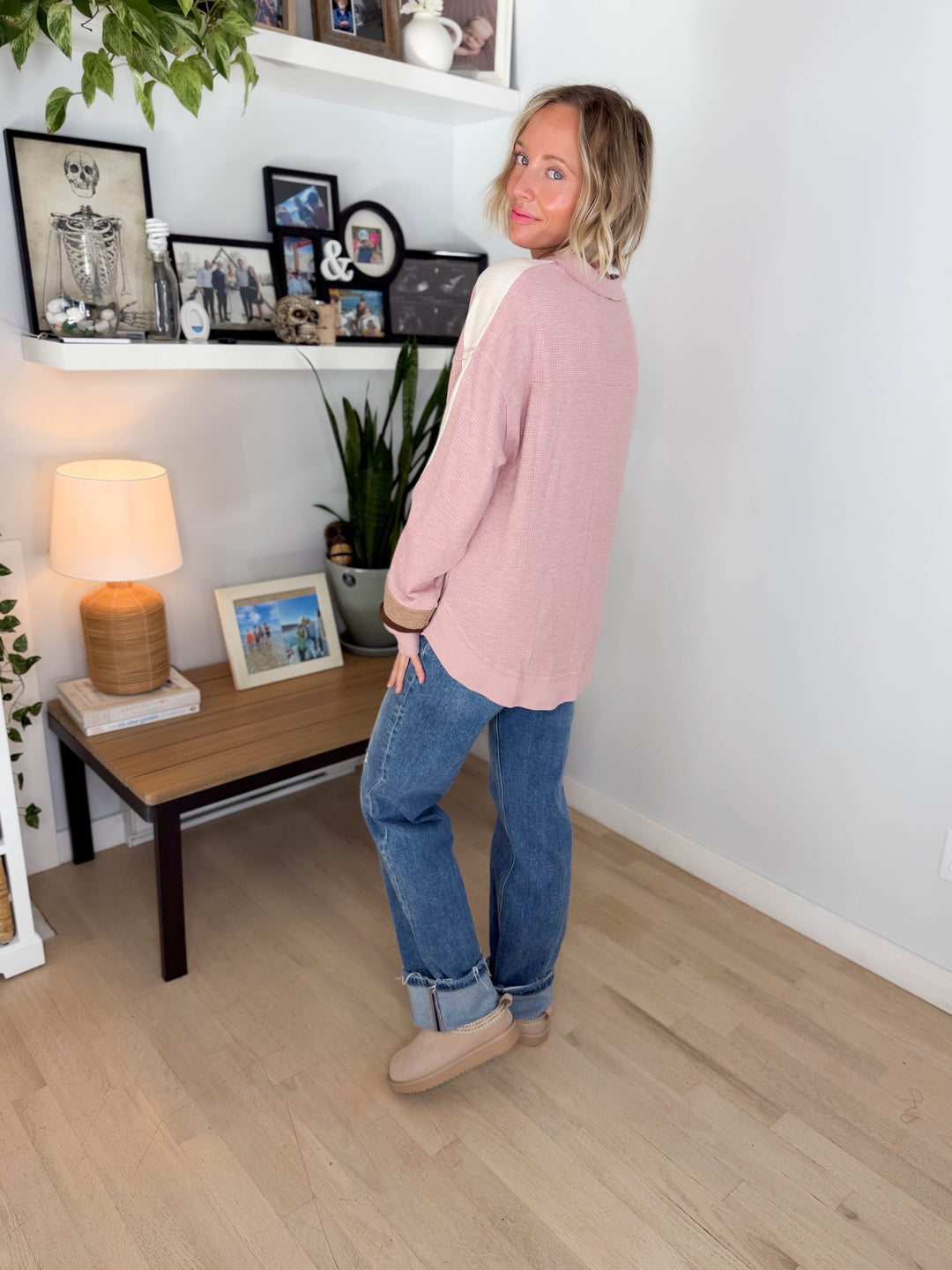 Elara Oversized Waffle Long Sleeve Pullover- BLUSH