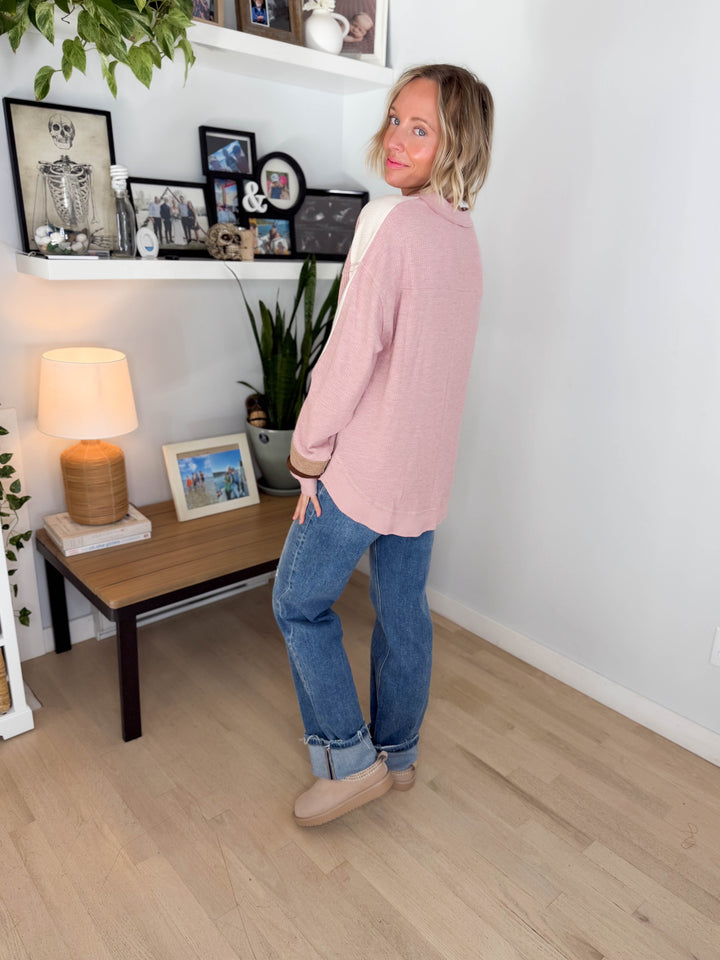 Elara Oversized Waffle Long Sleeve Pullover- BLUSH
