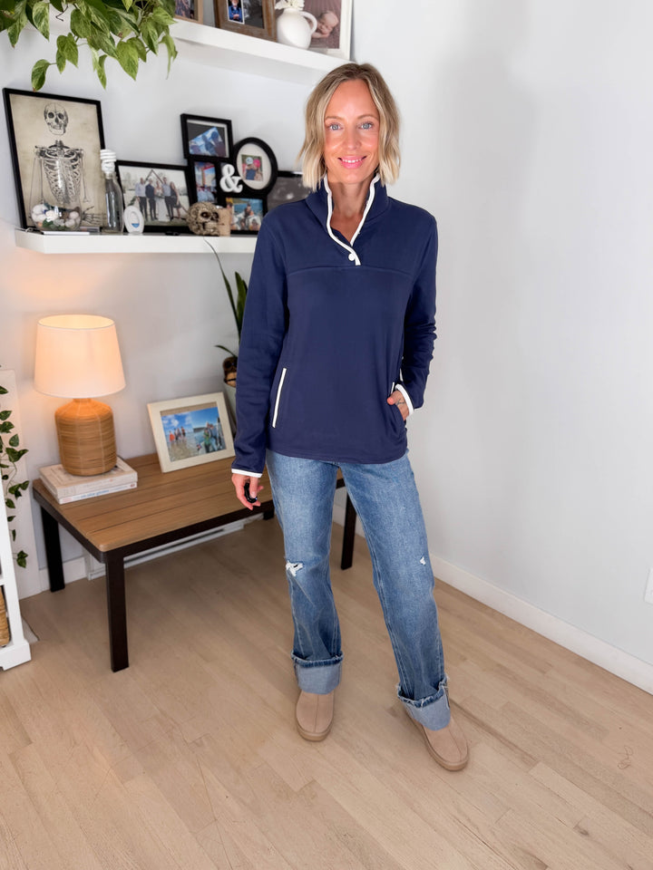 Garnet Funnel Neck Polar Fleece Pullover- LIGHT NAVY