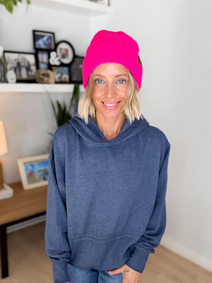 CC Cable Knit Beanie- FUCHSIA PINK