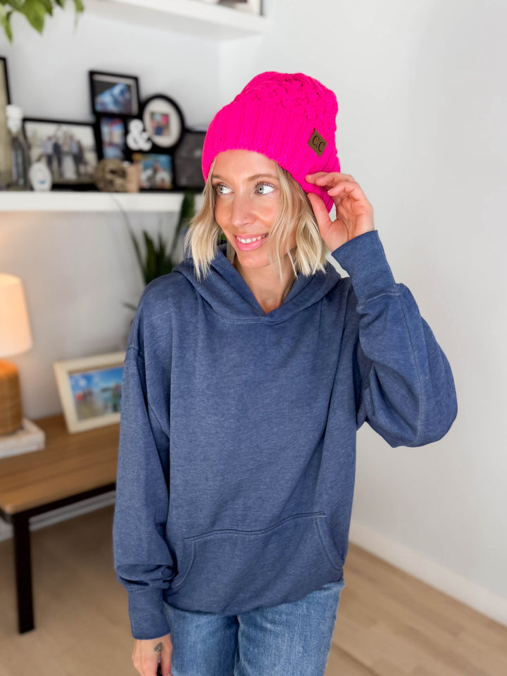 CC Cable Knit Beanie- FUCHSIA PINK