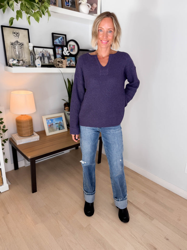 Ria Slit Neck Sweater- EGGPLANT
