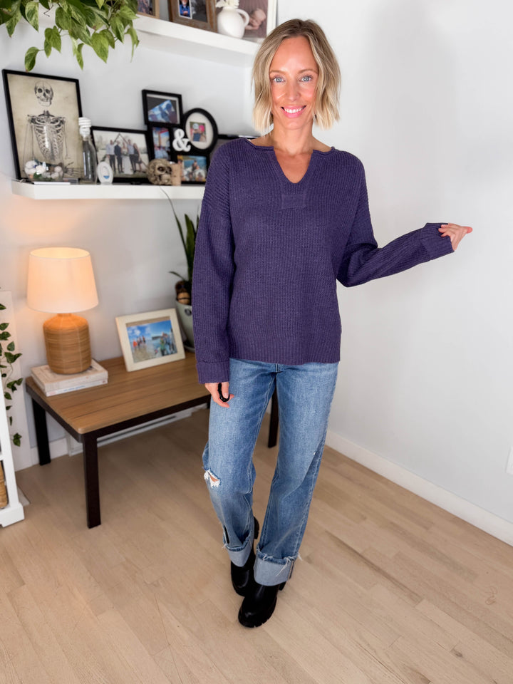 Ria Slit Neck Sweater- EGGPLANT