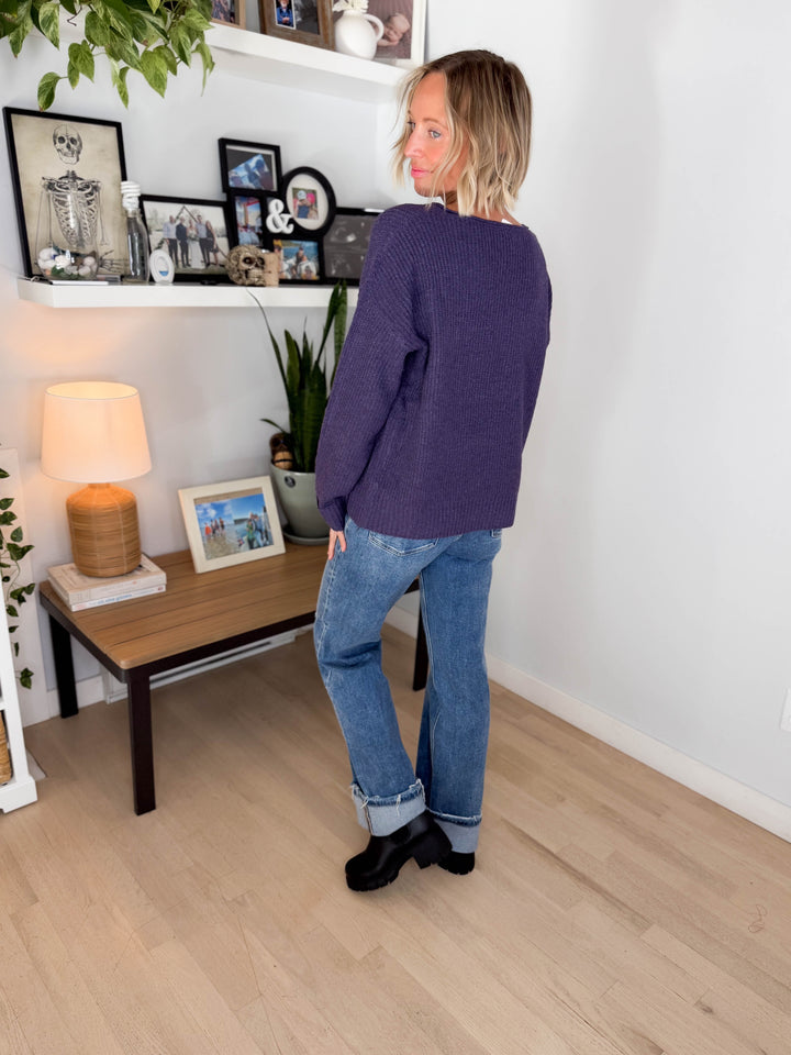 Ria Slit Neck Sweater- EGGPLANT