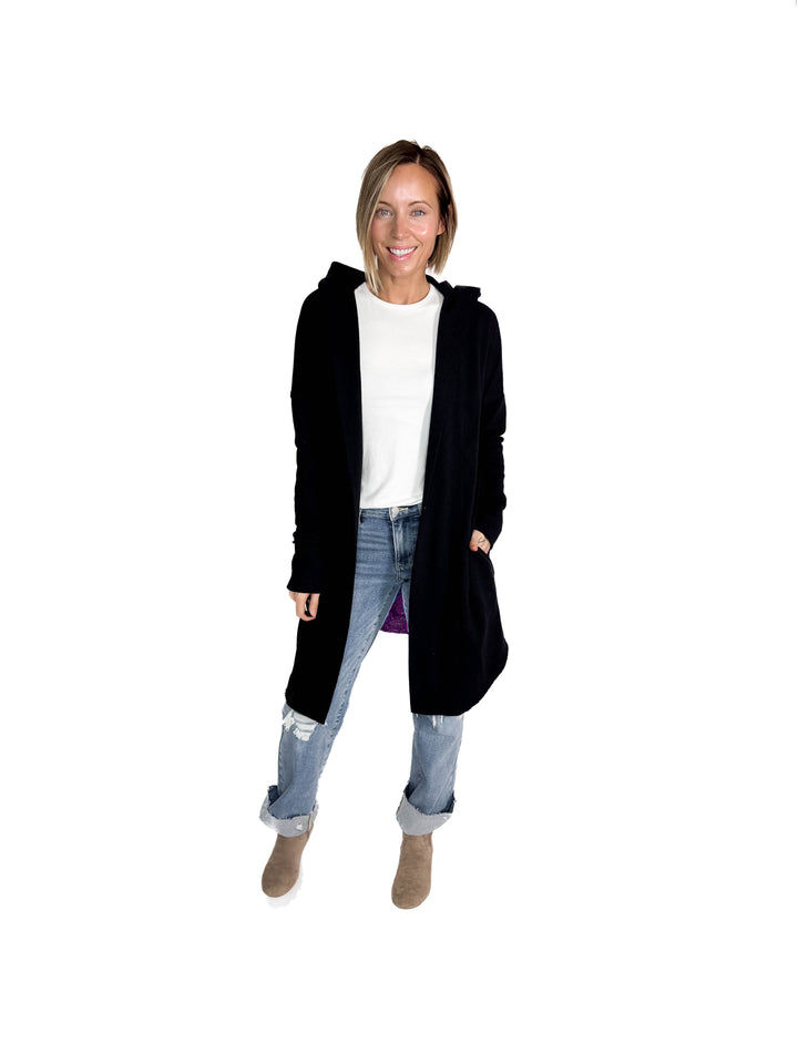 MONO B Whistler Longline Hoodie Cardigan- BLACK