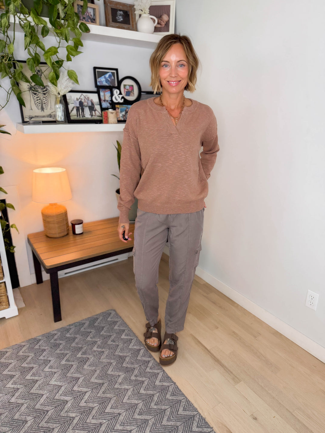 Boardwalk Raw Henley Long Sleeve Sweater- TERRACOTTA