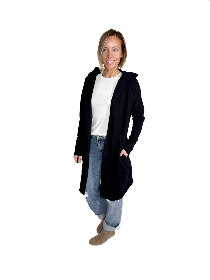 MONO B Whistler Longline Hoodie Cardigan- BLACK