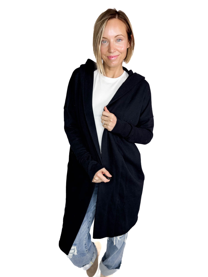 MONO B Whistler Longline Hoodie Cardigan- BLACK