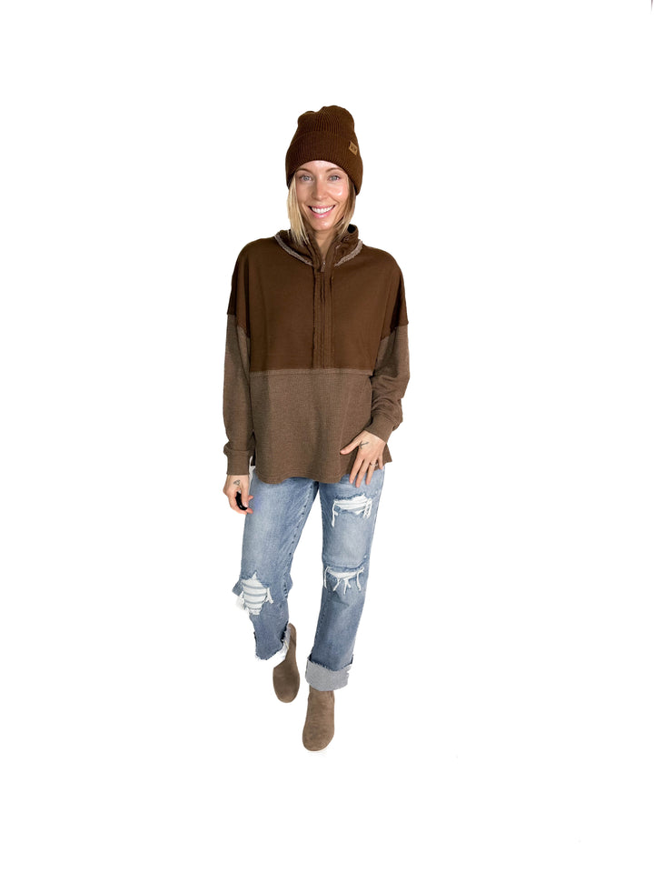 Arwen Waffle 1/4 Zip Pullover- ESPRESSO