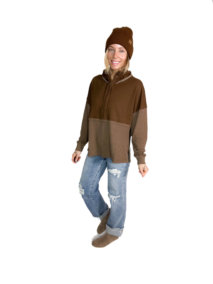 Arwen Waffle 1/4 Zip Pullover- ESPRESSO