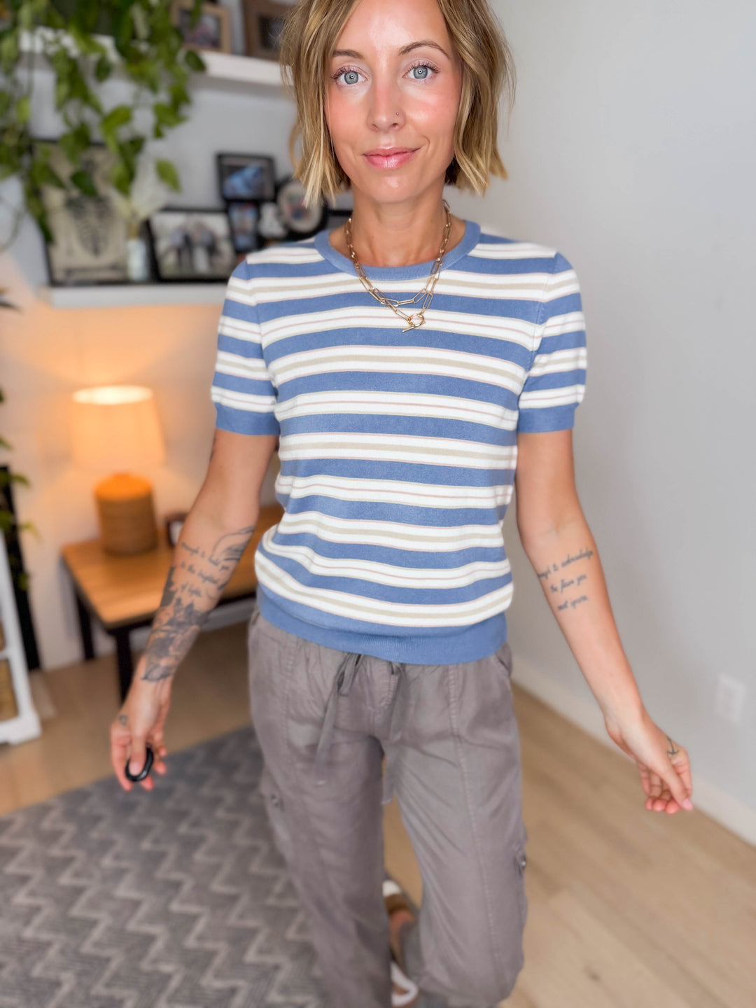 Dockside Classic Short Sleeve Sweater Top- DUSTY BLUE