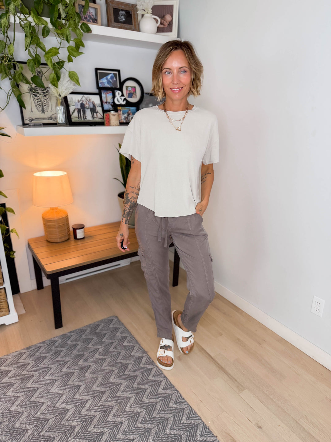 Wild Sage Drop Shoulder Ribbed Tee- NATURAL