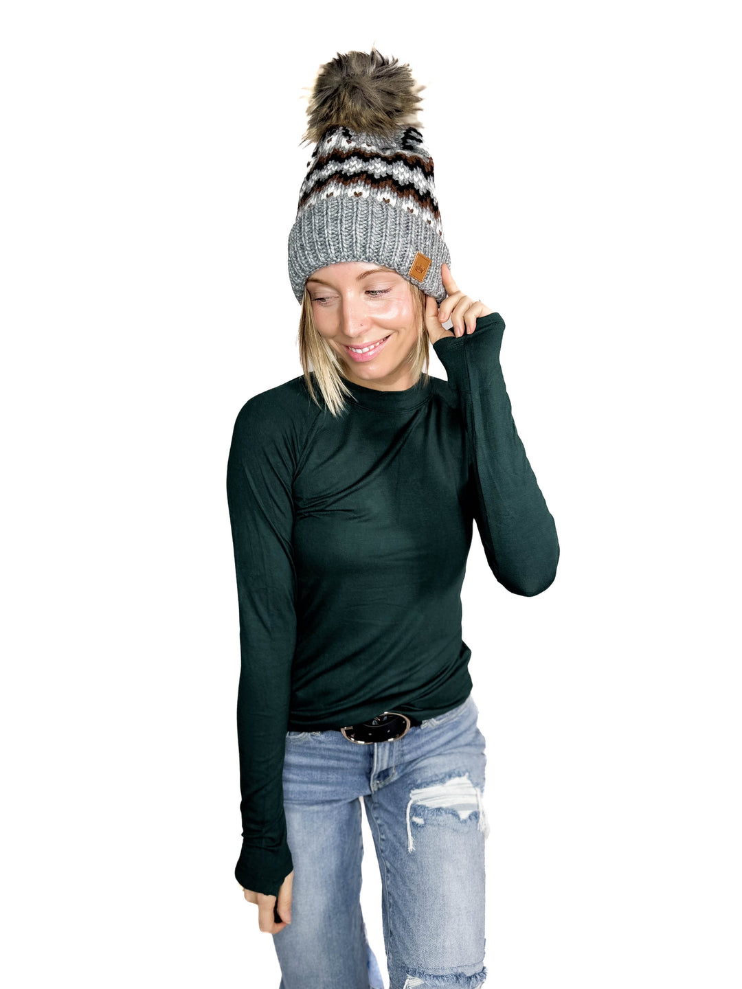 Classic Chunky Knit Pom Beanie- GREY MULTI