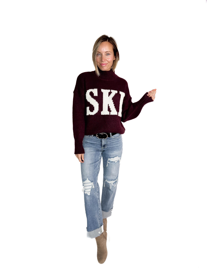 Apres Ski High Neck Sweater- WINE/IVORY