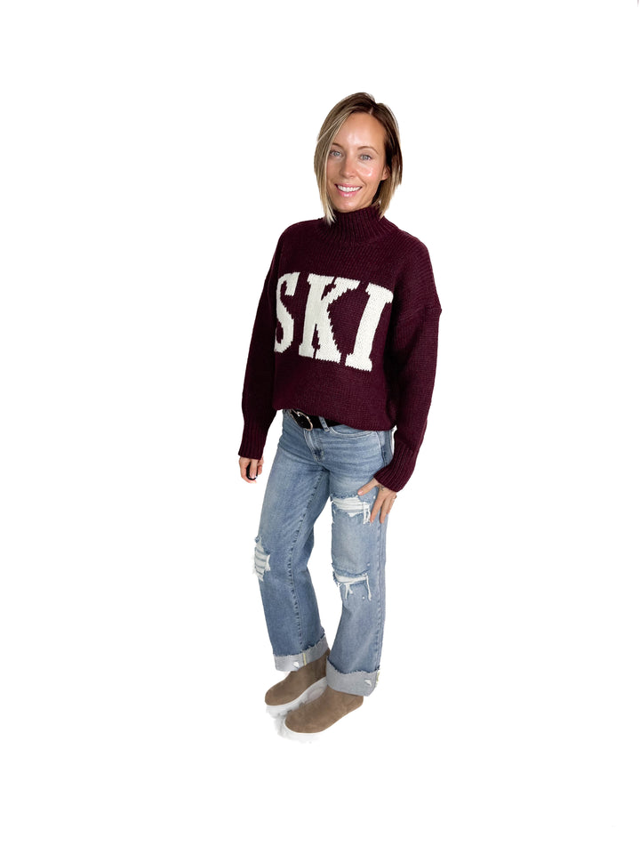 Apres Ski High Neck Sweater- WINE/IVORY