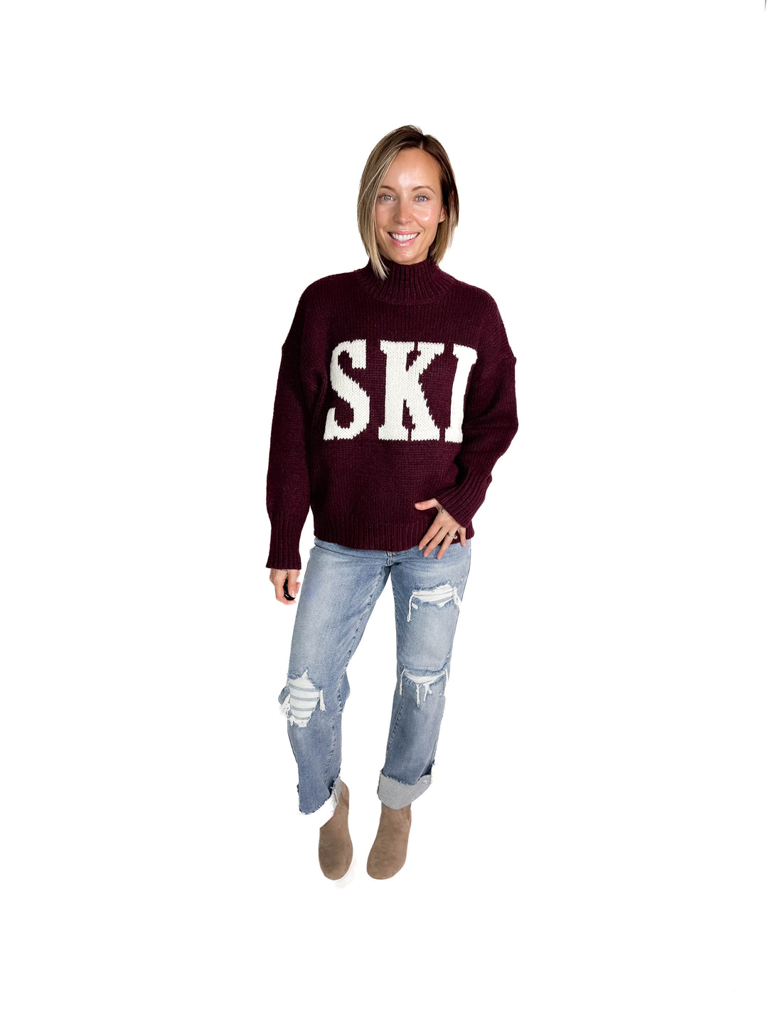 Apres Ski High Neck Sweater- WINE/IVORY