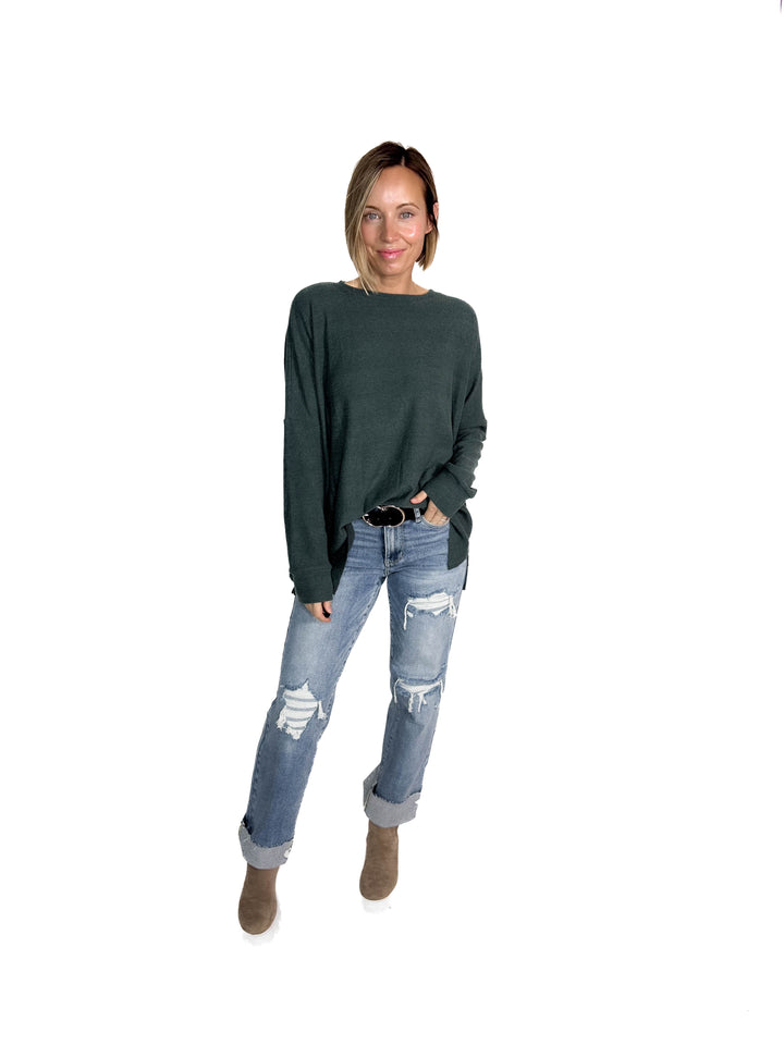 Nolen Soft Touch Ribbed Pullover- TEAL GREEN