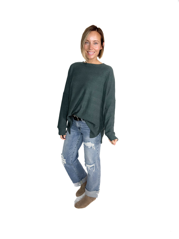Nolen Soft Touch Ribbed Pullover- TEAL GREEN