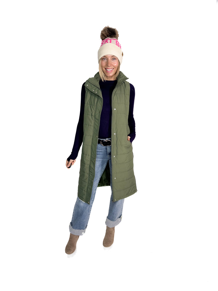 Kendall Long Line Puffer Vest- OLIVE