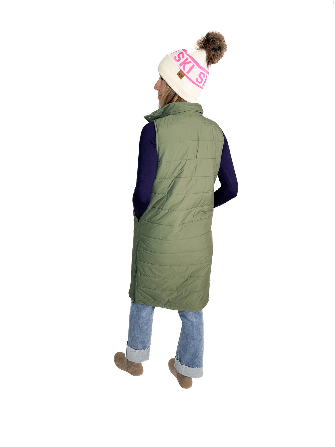 Kendall Long Line Puffer Vest- OLIVE