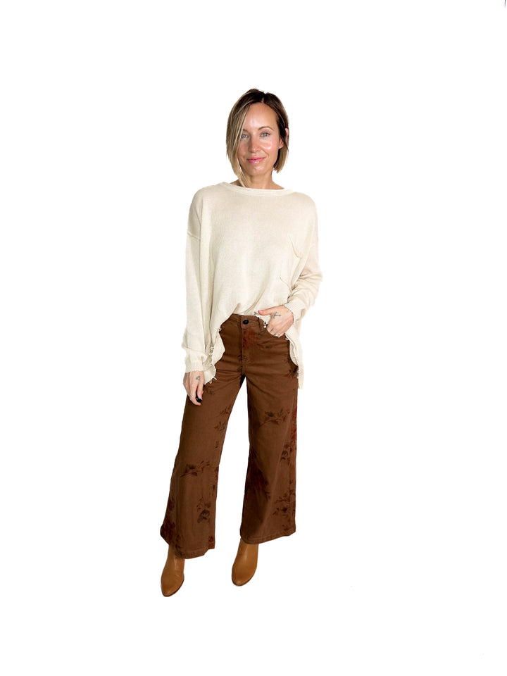 Drift Flower Print Wide Leg Pant- MOCHA